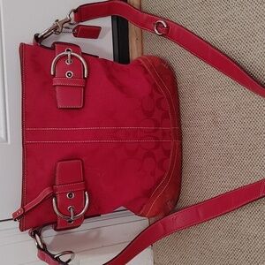 Y2K Coach Red Signature Hobo Shoulder Jaquard and Suede 3574